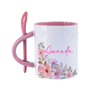 Caneca de Porcelana Personalizada com Colher e Interior Rosa